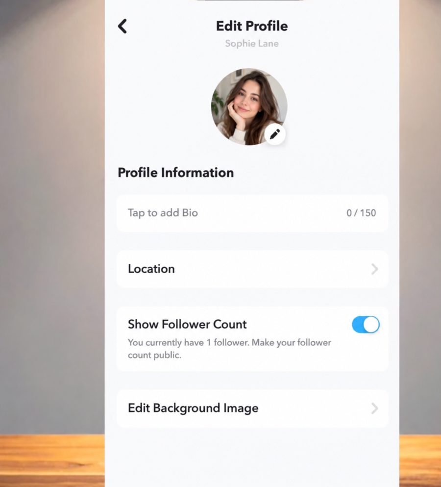 Illustration of a Snapchat Edit Profile screen listing Bio, Location, Show Follower Count and Edit Background Image, with no Website field