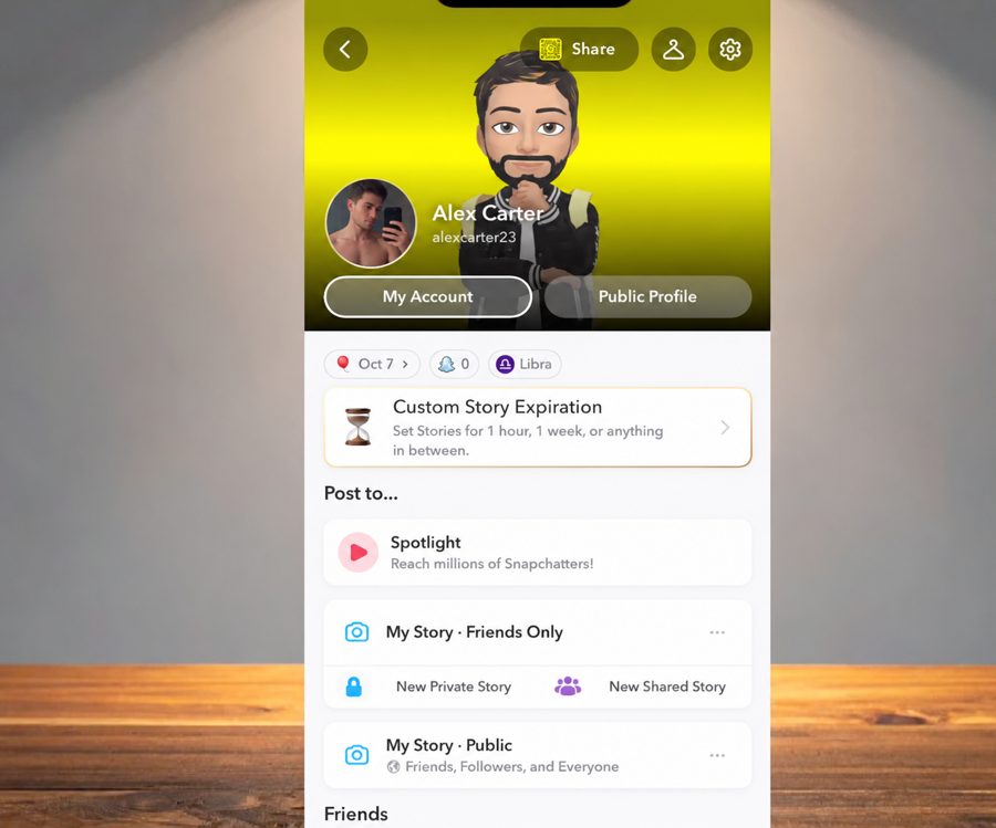 Illustration of a Snapchat Public Profile screen showing the public story and Spotlight sections with an edit control