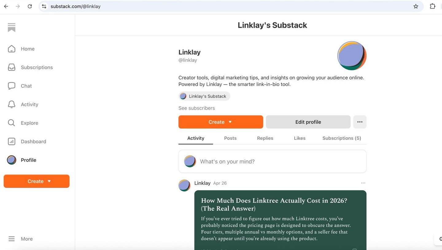 Public Substack profile for Linklay at substack.com/@linklay showing the handle, description and the linked publication
