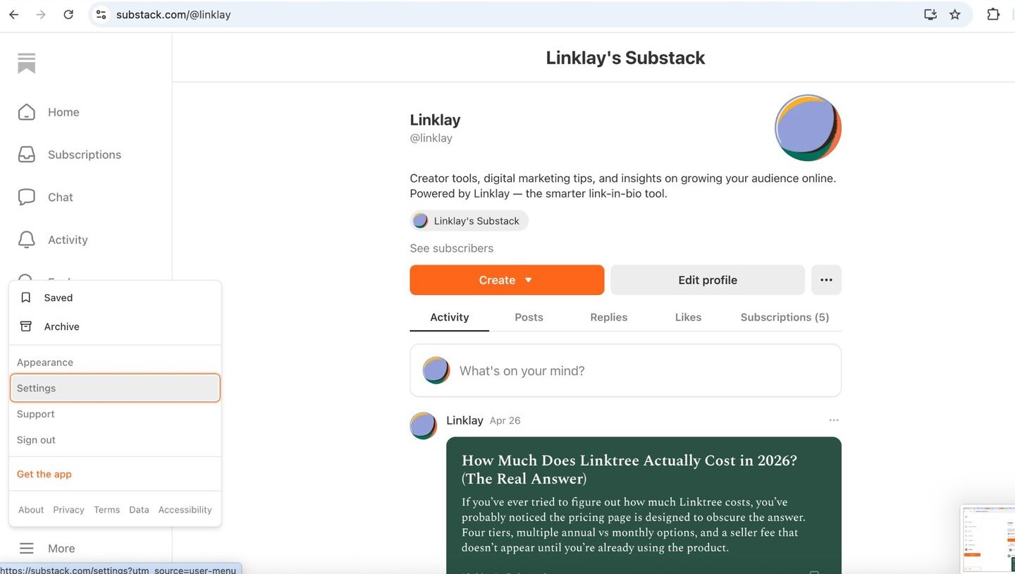 Substack sidebar with the More menu open and Settings highlighted